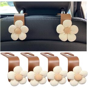4pcs مسند رأس السنانير ، وسنانير مركبة مركبة زهرة لطيف للحافظات والأكياس ، وصاحب شماعات محفظة السيارات المحمولة ، عالمي لسيارات الدفع الرباعي ، سيدان ، شاحنة (بيج/أبيض)