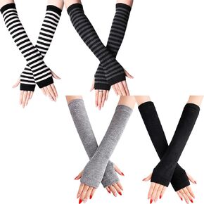 4 Pairs Long Fingerless Gloves Thumb Hole Arm Warmers Elbow Length Gloves Striped Warm Arm Sleeves A