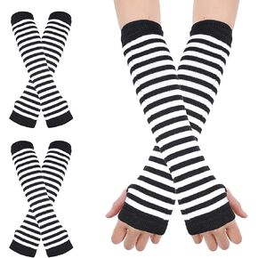 2 Pairs Long Fingerless Mittens for Women Girls, Black White Striped Arm Warmers Women Gothic Cloth Gloves Women Elbow Length Gloves Winter Knitted Stretchy Y2k Accessories with Thumb Hole Gloves