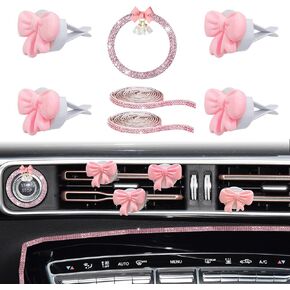 مجموعة غطاء زر القوس الوردي ، Coquette Resin Bow Cars Air Clestener Vent Clip مع رائحة الليمون ، ملصق Bling Rhinestone ، زينة ملحقات داخلية للسيارات للنساء