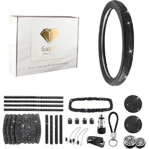 33-Piece Bling Car Accessories Set for Women - Rhinestone Steering Wheel Cover, Diamond Door Stickers, Auto Hooks, Vent Outlet Trim, Tire Valve Stem Caps, and Cup Holders (Black)