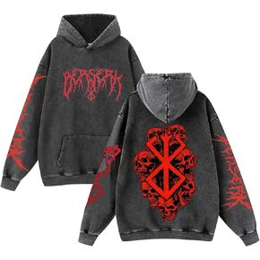 Unisex Retro Berserks Washed Hoodie Men Anime Novelty 3D Printed Vintage Sweatshirts Long Sleeve Casual Pullover