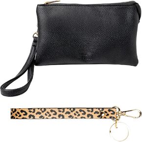 KEDZIE Eclipse Vegan Leather Convertible Purse Wallet Crossbody Bag (Black) & Eclipse Vegan Leather Mix & Match Wristlet Strap (Just Kitten)