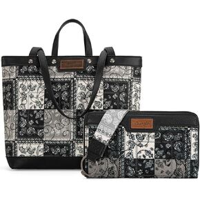 Wrangler Purse and Wallet Set, Boutique Western Designer Tote Bag Large Wristlet Wallet, Black