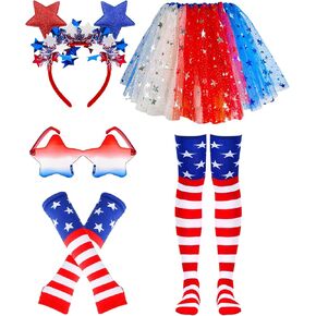 5pcs 4th of July Tutu Set for Women Red White and Blue Tutu Patriotic Stars Skirts for 4th of July Party Halloween Cosplay