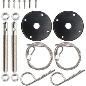 2 PCS Hood Pins Set, Engine Hood Lock Shock-Absorbing Hardware Fixer, Stainless Steel Anti-Rust Accessories with Racing Lanyard Hook Nut Screw, Universal for Most Cars Repair Tool (Black)