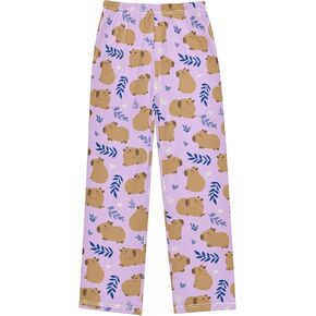 Cute Capybara Simple Flower Yellow Pattern Cute Pajama Pants, Soft Sleepwear Lounge Pants Pajama Pj Bottoms for 6-14 Years