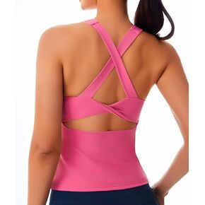Smooth Workout Tank Top with Built-in Bra for Women Cross Back Athletic Yoga Tops Stretchy Sports Camisole for Gym Pilates