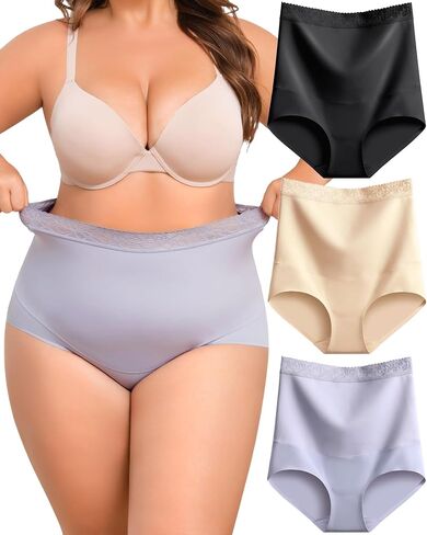 FINETOO Light Tummy Control Shaping Briefs High Waist Womens Underwear Lace Waist Core Smooth Ladies Panties S-3XL in Kuwait