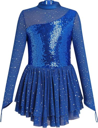 AFAVOM Figure Skating Dress for Girls Long Sleeve Mesh Sequin Rhinestones Ice Skating Dress Ballet Competition Dancewear 3-12 in Kuwait