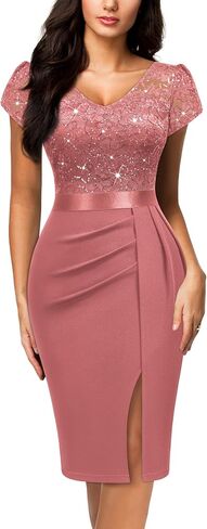 Miusol Women's Classy V-Neck Glitter Sequin Lace Cap Cocktail Party Dress in Kuwait