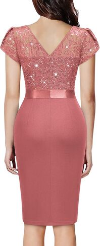 Miusol Women's Classy V-Neck Glitter Sequin Lace Cap Cocktail Party Dress in Kuwait