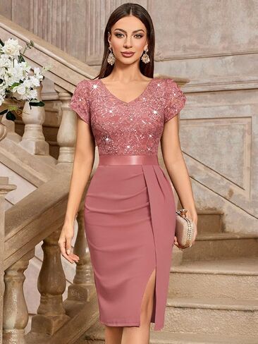 Miusol Women's Classy V-Neck Glitter Sequin Lace Cap Cocktail Party Dress in Kuwait