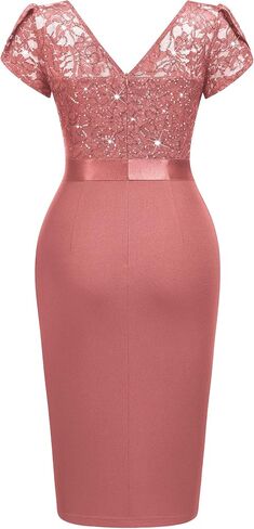 Miusol Women's Classy V-Neck Glitter Sequin Lace Cap Cocktail Party Dress in Kuwait
