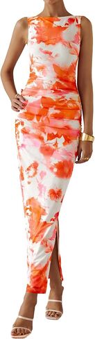 MASCOMODA Spring Summer Side Slit Sleeveless Long Maxi Dress for Women 2025 Floral Mesh Ruched Bodycon Cocktail Dresses in Saudi Arabia