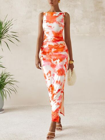 MASCOMODA Spring Summer Side Slit Sleeveless Long Maxi Dress for Women 2025 Floral Mesh Ruched Bodycon Cocktail Dresses in Saudi Arabia