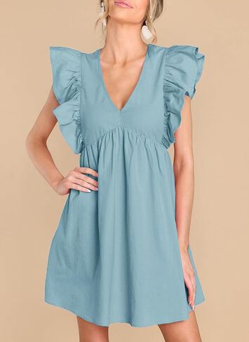 Fancyinn Women's Summer Dismal Dabydoll Mini Dress Frucklessless Deep Deep V الرقبة عالية الخصر ثوب الأرجوحة مع جيوب in Kuwait