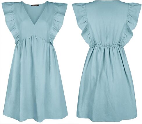 Fancyinn Women's Summer Dismal Dabydoll Mini Dress Frucklessless Deep Deep V الرقبة عالية الخصر ثوب الأرجوحة مع جيوب in Kuwait