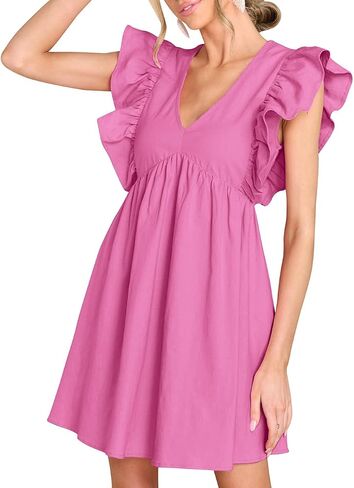 Fancyinn Women's Summer Dismal Dabydoll Mini Dress Frucklessless Deep Deep V الرقبة عالية الخصر ثوب الأرجوحة مع جيوب in Kuwait