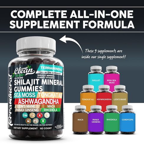 Terramineral Shilajit Gummies with Irish Sea Moss Tongkat Ali Ashwagandha Lion's Mane MACA Panax Ginseng Rhodiola & Cordyceps by Clean Nutra (1) in Saudi Arabia