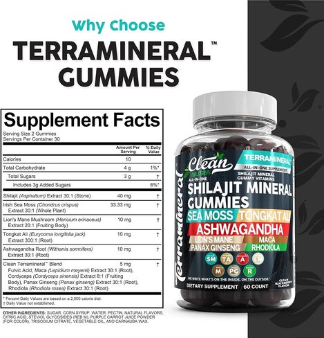Terramineral Shilajit Gummies with Irish Sea Moss Tongkat Ali Ashwagandha Lion's Mane MACA Panax Ginseng Rhodiola & Cordyceps by Clean Nutra (1) in Saudi Arabia