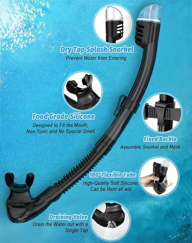 معدات الغطس للبالغين، مجموعة قناع الغطس برؤية بانورامية 180 درجة، 100% من السيليكون الآمن غذائيًا المضاد للضباب ومضاد للتسرب، قناع غوص علوي جاف للغطس والسباحة والغوص in Kuwait