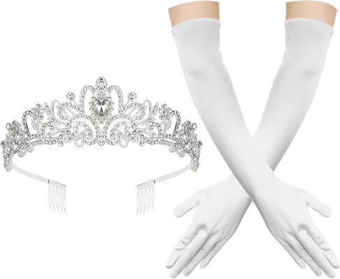 Silver Tiara Queen Crown and Long Satin Elbow Length Gloves for Women - White Princess Opera Quinceanera Wedding Tiaras for Bride - Prom Accessories in Kuwait