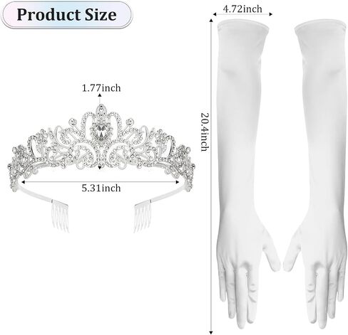 Silver Tiara Queen Crown and Long Satin Elbow Length Gloves for Women - White Princess Opera Quinceanera Wedding Tiaras for Bride - Prom Accessories in Kuwait