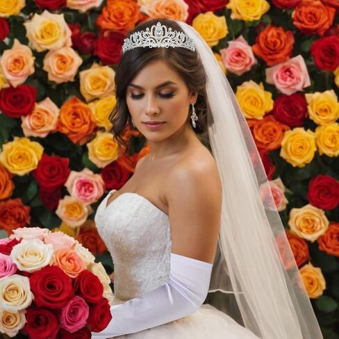 Silver Tiara Queen Crown and Long Satin Elbow Length Gloves for Women - White Princess Opera Quinceanera Wedding Tiaras for Bride - Prom Accessories in Kuwait