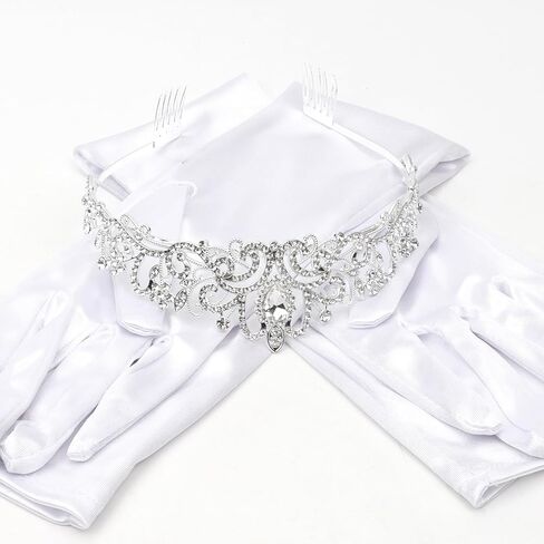 Silver Tiara Queen Crown and Long Satin Elbow Length Gloves for Women - White Princess Opera Quinceanera Wedding Tiaras for Bride - Prom Accessories in Kuwait