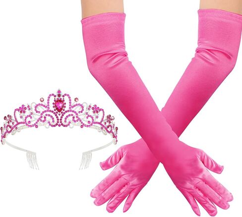 Silver Tiara Queen Crown and Long Satin Elbow Length Gloves for Women - White Princess Opera Quinceanera Wedding Tiaras for Bride - Prom Accessories in Kuwait