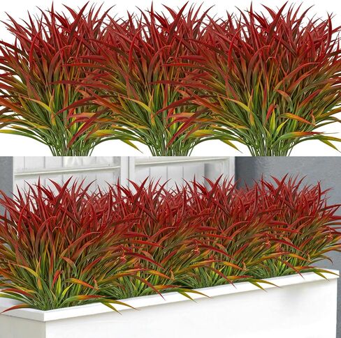 16 Bundles Artificial Plants Outdoor Fake Grass Greenery Stems UV Resistant Faux Plastic Plants Shrubs for Spring Summer Home Garden Pathway Window Box Front Porch Decor, Red in Saudi Arabia