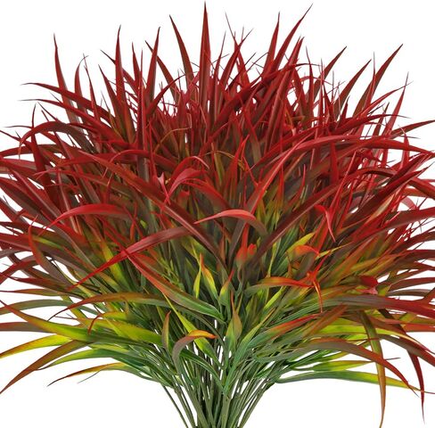 16 Bundles Artificial Plants Outdoor Fake Grass Greenery Stems UV Resistant Faux Plastic Plants Shrubs for Spring Summer Home Garden Pathway Window Box Front Porch Decor, Red in Saudi Arabia