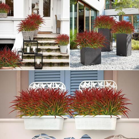 16 Bundles Artificial Plants Outdoor Fake Grass Greenery Stems UV Resistant Faux Plastic Plants Shrubs for Spring Summer Home Garden Pathway Window Box Front Porch Decor, Red in Saudi Arabia