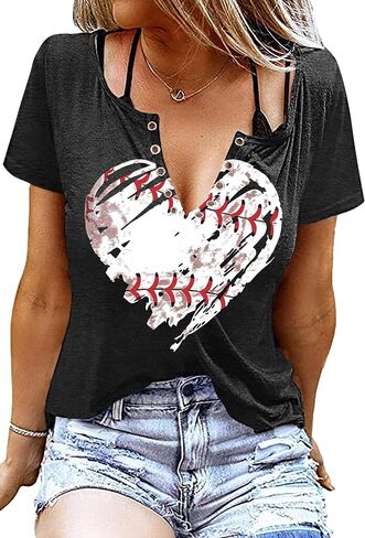 LAZYCHILD Baseball Shirts for Women: Baseball Mom T-Shirt Game Day Gifts Baseball V Neck Tee Tops in Saudi Arabia