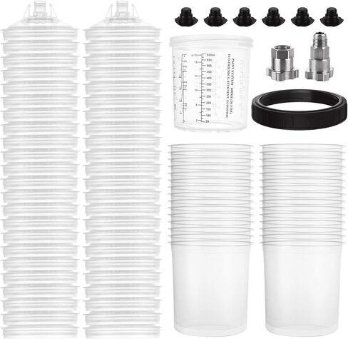 50 Pack Disposable Paint Sprayer Gun Cup Liners and Lid System for Spray Gun, Paint Cups 20 Ounce (600ml) Kit with 50 Mixing Cup Liner, 50 Lid, 20 Plug, 1 Hard Cup with Retainer Ring, 2 Adapter in Saudi Arabia