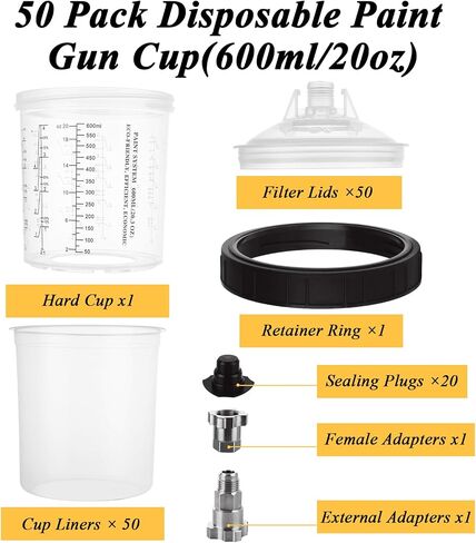 50 Pack Disposable Paint Sprayer Gun Cup Liners and Lid System for Spray Gun, Paint Cups 20 Ounce (600ml) Kit with 50 Mixing Cup Liner, 50 Lid, 20 Plug, 1 Hard Cup with Retainer Ring, 2 Adapter in Saudi Arabia