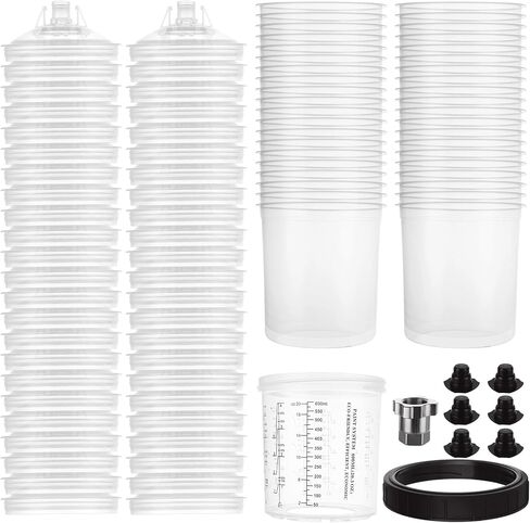 50 Pack Disposable Paint Sprayer Gun Cup Liners and Lid System for Spray Gun, Paint Cups 20 Ounce (600ml) Kit with 50 Mixing Cup Liner, 50 Lid, 20 Plug, 1 Hard Cup with Retainer Ring, 2 Adapter in Saudi Arabia