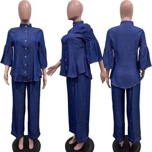 Women's Denim 2 Piece Outfits Flared Sleeve Button Down Shirt and Straight Long Pants Clubwear in Saudi Arabia