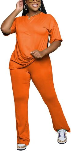 Women 2 Piece Outfits Short Sleeve Top and Flare Pants Lounge Sets Tracksuit in Saudi Arabia