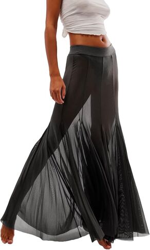 Womens Maxi Jaxi Mesh Plateed 2025 Summer Trendy Sexy Club Sheer Boho Beach Cover Up Flowy Tulle Skirt in Kuwait
