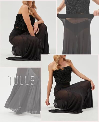 Womens Maxi Jaxi Mesh Plateed 2025 Summer Trendy Sexy Club Sheer Boho Beach Cover Up Flowy Tulle Skirt in Kuwait