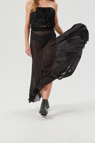 Womens Maxi Jaxi Mesh Plateed 2025 Summer Trendy Sexy Club Sheer Boho Beach Cover Up Flowy Tulle Skirt in Kuwait