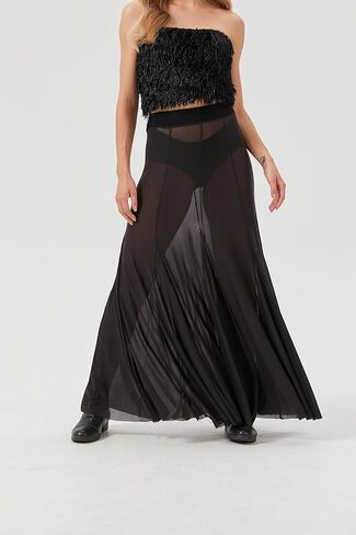 Womens Maxi Jaxi Mesh Plateed 2025 Summer Trendy Sexy Club Sheer Boho Beach Cover Up Flowy Tulle Skirt in Kuwait