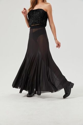 Womens Maxi Jaxi Mesh Plateed 2025 Summer Trendy Sexy Club Sheer Boho Beach Cover Up Flowy Tulle Skirt in Kuwait