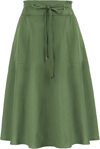 KANCY KOLE Women Casual Cotton Linen Skirts Frill Tie Waist A-Line Midi Skirt with Pockets S-XXL in Kuwait