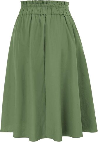 KANCY KOLE Women Casual Cotton Linen Skirts Frill Tie Waist A-Line Midi Skirt with Pockets S-XXL in Kuwait
