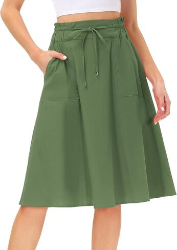 KANCY KOLE Women Casual Cotton Linen Skirts Frill Tie Waist A-Line Midi Skirt with Pockets S-XXL in Kuwait