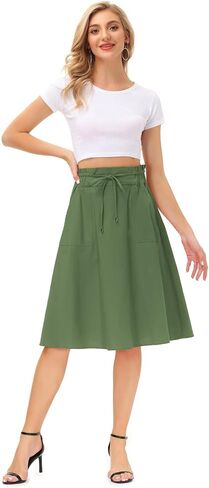 KANCY KOLE Women Casual Cotton Linen Skirts Frill Tie Waist A-Line Midi Skirt with Pockets S-XXL in Kuwait