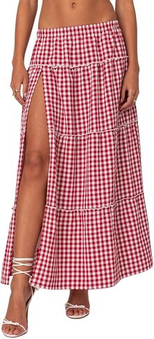 Women's Y2K Plaid Maxi Skirts Elastic Waist Side Slit Tiered Skirt Vintage Summer Flowy Gingham A Line Skirts in Saudi Arabia